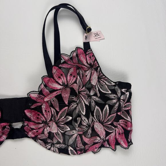 Victoria's Secret Very Sexy Low Cut Demi Black Pink Unlined Appliqué Bra 38C - Picture 3 of 7